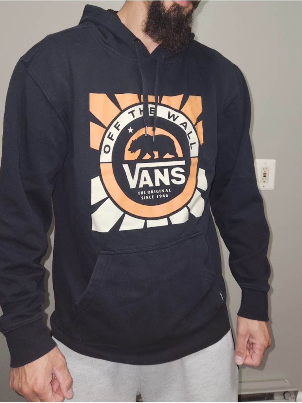Vans Men’s Black Hoodie with Orange and White Logo Graphic